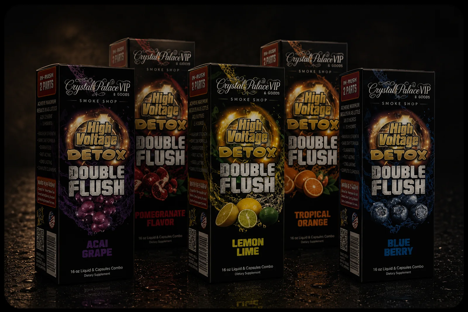 High Voltage Detox Double Flush co-branded with Crystal Palace VIP in five flavors