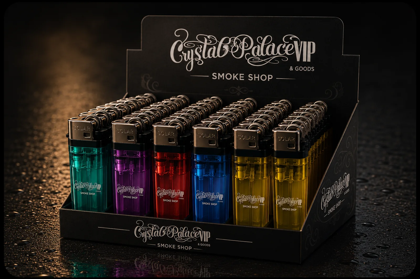 Display box of custom Crystal Palace VIP branded Solar Lite lighters in multiple colors