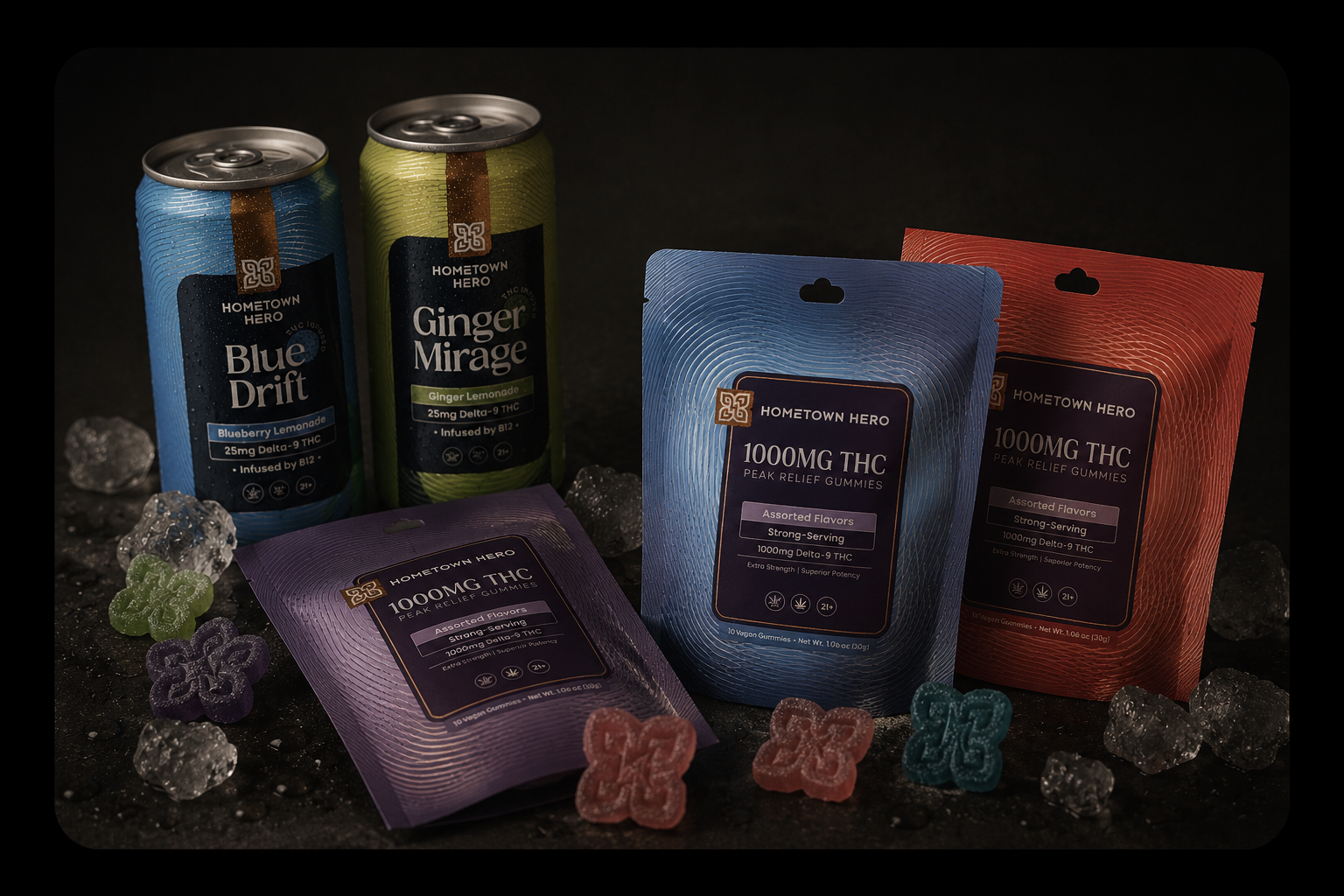 Hometown Hero THC drinks and 1000mg THC gummies